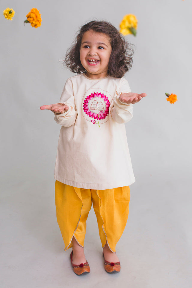 Girl White Krishna Lotus Feet Dhoti Set