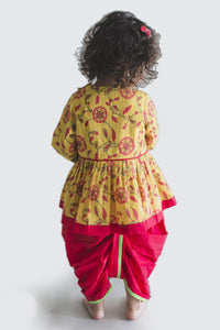 Girl Yellow Pink Jaal Angrakha Dhoti Set