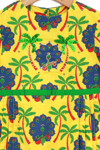 Girl Yellow peacock print dress